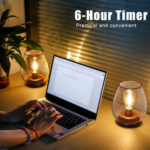 Vista 3 de JHY DESIGN Juego de 2 faroles LED de jaula de metal alimentados por batería, luz de acento inalámbrica con LED y temporizador de 6 horas, ideal
