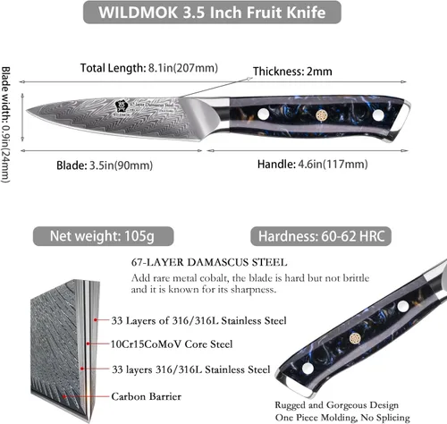 Vista 2 de WILDMOK Cuchillo de pelar de Damasco, 3.5 pulgadas japonés de 67 capas de acero de Damasco, cuchillo de pelar profesional, cuchillo de cocina