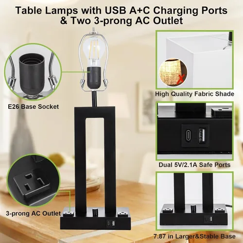 Vista 5 de Juego de lámparas de mesa modernas de 2 a 22 pulgadas de alto con puertos de carga USB-C/USB-A y tomacorriente, tela regulable continua, lámparas