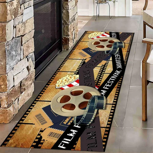Vista 15 de Alfombra retro de cine en casa, 1.3 x 7 pies, patrón clásico de tablilla negra y carrete de película, alfombra decorativa antideslizante para sala