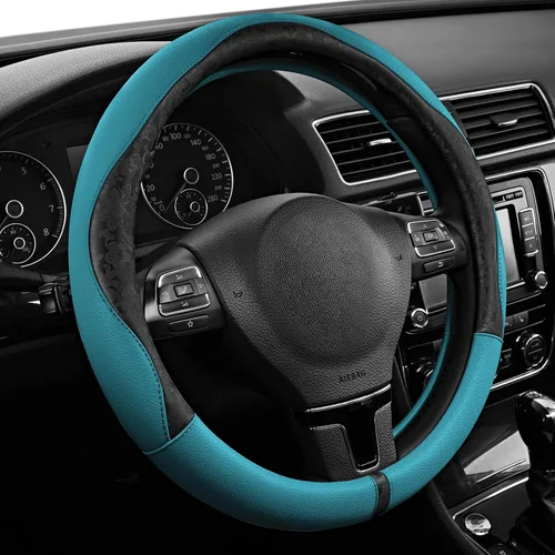 Vista 2 de PIC AUTO Funda para volante, diseño de retazos de cuero negro estampado y azul, ajuste universal de 14.5 a 15.5 pulgadas, antideslizante, sin olor