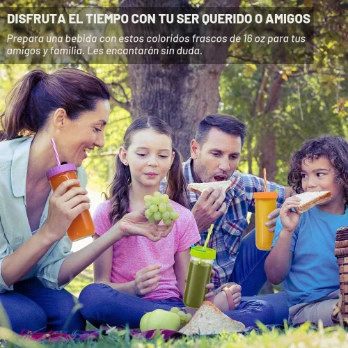 Vista 7 de Botella de vidrio para beber de viaje, paquete de 6, tarros Mason de 16 onzas, botella de bebida de boca regular con tapas herméticas y pajitas
