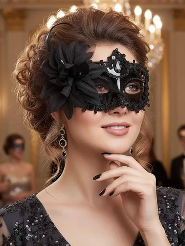 Vista 6 de Yokawe Máscara de mascarada negra para mujer, máscara veneciana de flores, de encaje, disfraz de Mardi Gras