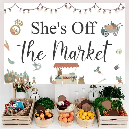 Vista 3 de Decoraciones de despedida de soltera con texto en inglés "She's Fresh Off The Market", telón de fondo de despedida de soltera para mujer, decoración