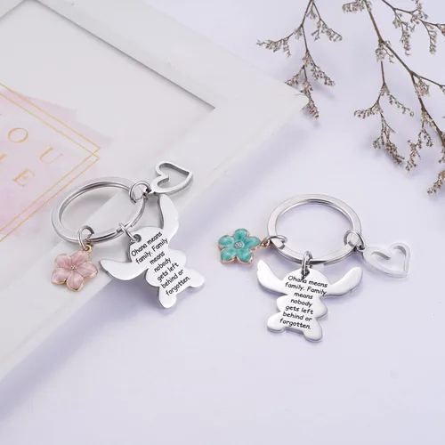 Vista 4 de Ralukiia Ohana Means - Juego de llaveros familiares para 2, llavero de puntada, regalo de joyería para niños y niñas, flor verde y rosa, Multi