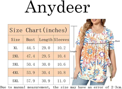 Vista 7 de Anydeer Blusas tipo túnica de talla grande para mujer, estilo casual, cuello redondo, plisadas, acampanadas