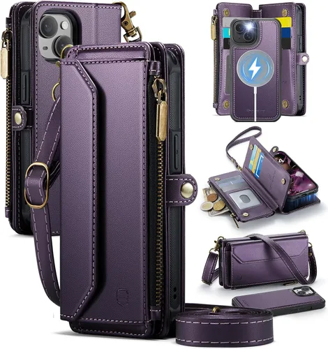 Vista 13 de Strapurs - Funda magnética desmontable para iPhone 15, color negro Compatible with Magsafe, Crossbody Wrist Strap, RFID Blocking 9-Card Holder
