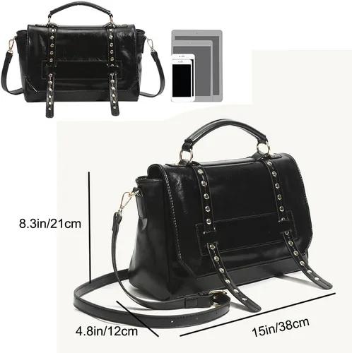 Vista 2 de Downupdown Bolso de mensajero vintage para mujer, bolso de cuero de cera de aceite, bolso de hombro con asa superior, bolso cruzado