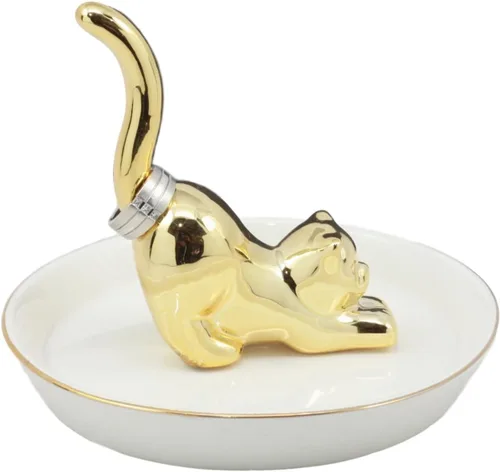 Vista 4 de dorado Feline Cat KittenFigura cerámica anillo Accessory Jewelry Holder vanidad Gres