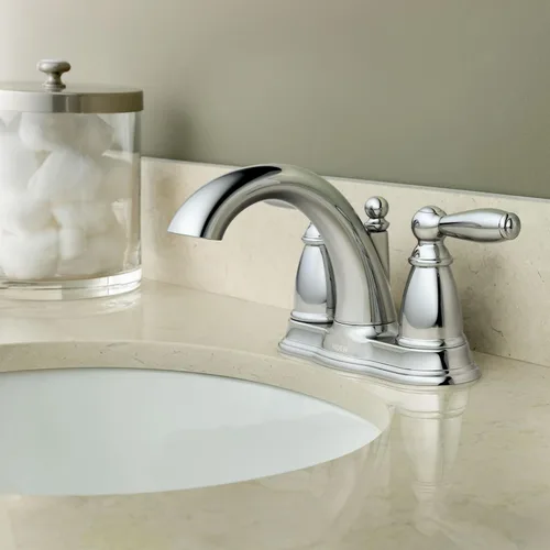 Vista 6 de Moen Brantford Cromo Llave de baño centrada de arco bajo tradicional de dos manijas con montaje de desagüe, 6610