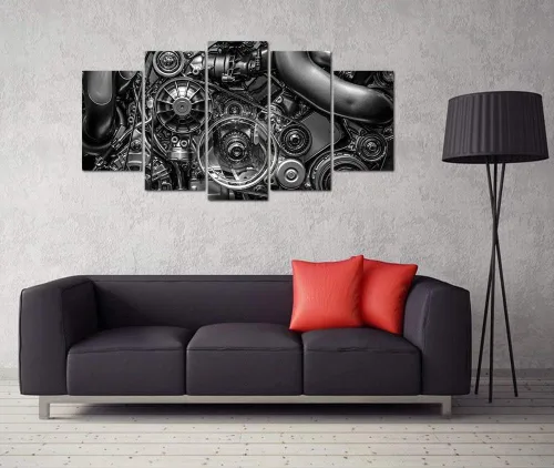 Vista 3 de VVOVV Wall Decor - Impresiones en lienzo de 5 piezas de equipo de ingeniería de motor y cadena, fotos en blanco y negro, arte de pared, decoración