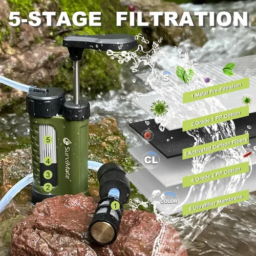 Vista 2 de SurviMate Bomba de supervivencia del purificador de agua,Sistema purificador de agua de 5 etapas de 0.01 micrones,Bomba de mano Filtro de agua