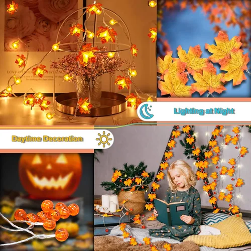 Vista 6 de Guirnalda de hojas de arce iluminada de 32 pies, decoración de otoño de Acción de Gracias, Halloween, otoño, 100 LED, funciona con USB, impermeable