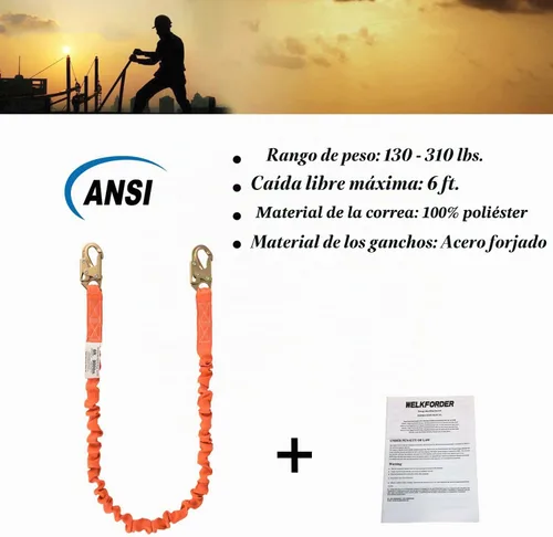 Vista 7 de Cordón interno de seguridad de absorción de impactos de 6 pies con conectores de gancho de doble forja, equipo de protección contra caídas