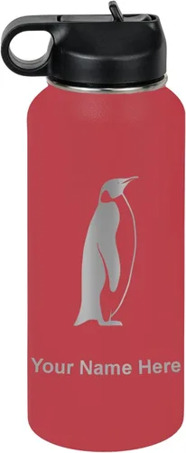 Vista 37 de LaserGram Botella de agua personalizada, pingüino, acero inoxidable de doble pared aislada al vacío con popote superior, regalo grabado