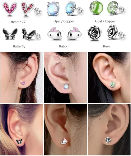 Vista 5 de Juego de 20 pares de aretes de ópalo de acero inoxidable para mujeres y niñas, animales arco iris, mariquita, abeja, mariposa, gato, serpiente