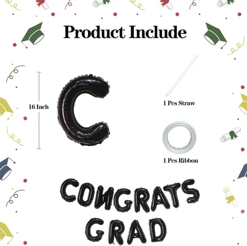 Vista 2 de KALOR Globos negros de 16 pulgadas con texto en inglés "Congrats Grad", letras de graduación negras, decoraciones de graduación 2026