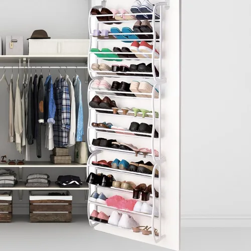 Vista 7 de Zapatero para colocar sobre la puerta, 12 capas y 36 pares de zapatos para colgar en la pared, organizador de zapatos, barras antideslizantes