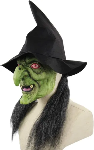 Vista 2 de XGOPTS Máscara de bruja vieja verde aterradora de Halloween con sombrero