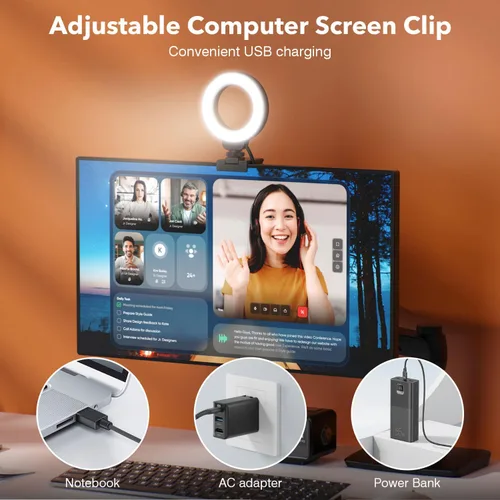 Vista 4 de Anillo de luz para computadora portátil/computadora, llamada de zoom, iluminación de videoconferencia pequeña de 4 pulgadas con soporte