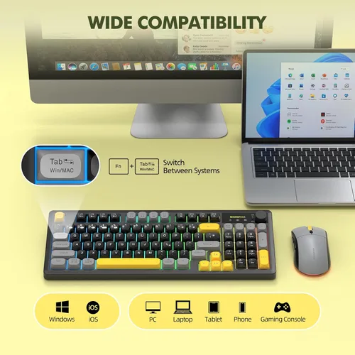Vista 5 de Combo de teclado y mouse inalámbricos cremoso con teclado numérico para computadora de escritorio, Mac, iPad, Bluetooth/2.4 ghz/recargable