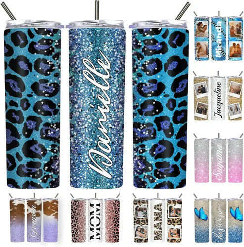 Vista 8 de Vaso delgado personalizado con purpurina con tapas y popotes, nombres, vasos de acero inoxidable personalizados con imagen para mujeres, hombres