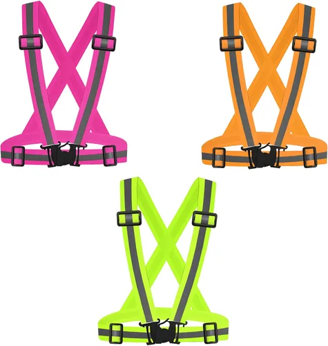 Vista 12 de Chaleco reflectante para correr, 3 piezas, correas elásticas ajustables, ligero, 360°, alta visibilidad para caminar al aire libre, trotar Color 1