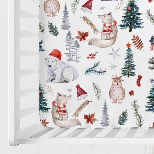 Vista 3 de Sábana bajera ajustable para cuna de bebé, diseño de animales del bosque, 52 x 28 pulgadas, diseño de animales de Navidad, oso, zorro, búho, hojas