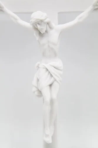 Vista 3 de Crucifijo de pared de 10 pulgadas con cruz de Jesús de piedra blanca Corpus Estatua italiana Escultura Colección Vittoria Made in Italy.