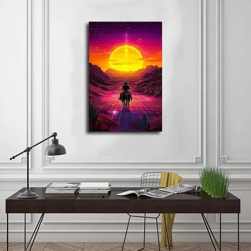 Vista 3 de Vaporwave Cowboy Poster – 80s Synthwave Wall Art, Surreal Western Room Decor Modern Wall Prints Abstract Geometric Minimalist Art Framed Canvas