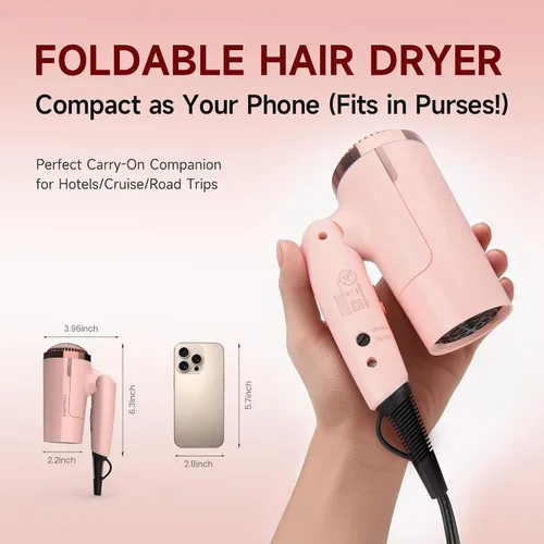 Vista 4 de PRITECH - Secador de pelo de viaje de doble voltaje de 1250 W con difusor, plegable Pink Blow Dryer with Concentrator,110V/220V Worldwide Use,Mini