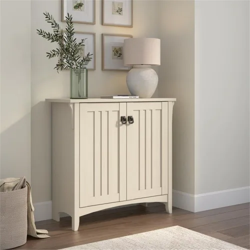 Vista 2 de Bush Furniture Salinas - Armario de almacenamiento pequeño con puertas y estantes en color blanco antiguo, baúl de 2 puertas para oficina en casa