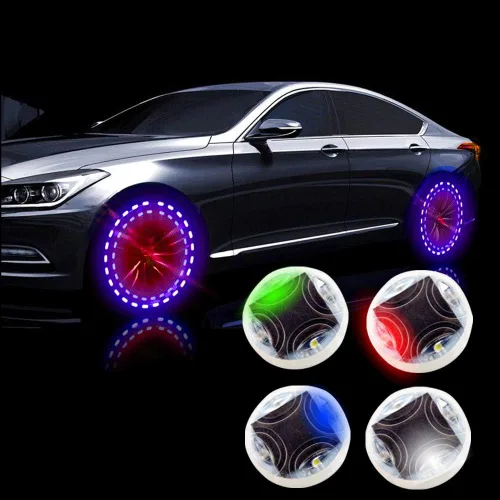 Vista 3 de Luces para neumáticos de rueda de automóvil, 4 piezas LED solares para boquilla de rueda de automóvil, luz de tapa de válvula de aire con sensores