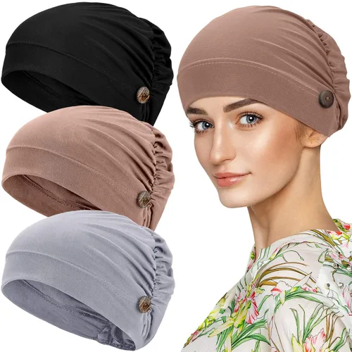 Vista 10 de Geyoga Gorras Bouffant con botones, unisex, elástica, turbante con botones para mujer, 3 piezas, Negro, Talla única