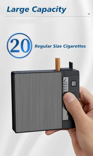 Vista 2 de Ambrogio.L 20 cigarrillos regulares caso/caja con encendedor de arco a prueba de viento con pantalla de alimentación USB recargable, sin llama, a