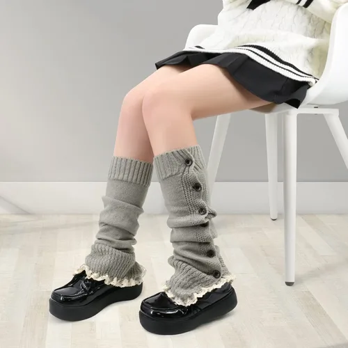 Vista 4 de Calentadores de piernas para mujeres y niñas, estilo japonés, Lolita, calentador de piernas, calcetines largos de punto kawaii, estilo gótico