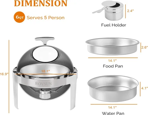 Vista 8 de ROVSUN Juego de bufé de platos de roce con tapa enrollable, 6 cuartos de galón de acero inoxidable redondo para catering, servidores de buffet