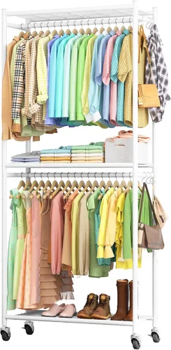 Vista 13 de Sakugi Perchero para ropa – Perchero doble para colgar ropa con ruedas y pies niveladores, armario de gran capacidad con estantes para dormitorio