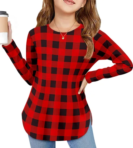 Vista 17 de Arshiner - Camisetas de manga larga para niñas, cuello redondo, dobladillo curvo, abertura lateral, básicas, casuales, de ajuste holgado, tipo