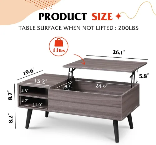 Vista 3 de WLIVE Mesa de centro con tapa elevable para sala de estar, mesa de centro pequeña con almacenamiento, estante ajustable y compartimento