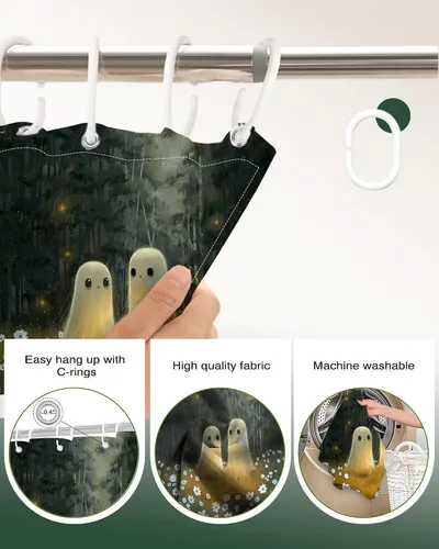 Vista 4 de Lindameler Cortina de ducha de Halloween de tela espeluznante, bonita cortina de baño de fantasma, decoración con 12 ganchos de 72 x 72 pulgadas