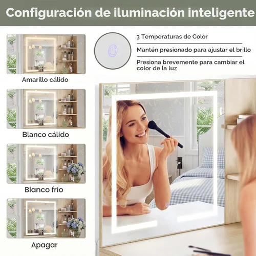 Vista 3 de Yechen - Tocador de 35" estilo bohemio con espejo iluminado con LED y regleta de enchufes, juego de mesa de maquillaje de madera con cajones