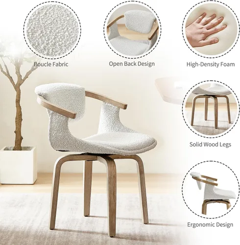 Vista 4 de Zouron Silla de escritorio giratoria sin ruedas, silla de oficina moderna de mediados de siglo, silla de comedor Boucle con patas de madera, silla