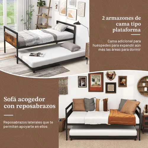 Vista 7 de KOMFOTT Sofá cama de metal de tamaño individual con nido, marco de sofá cama con cabeceras de madera, soporte de listones de metal, marco de sofá