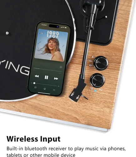 Vista 4 de SeeYing Reproductor de discos de vinilo con altavoces HiFi integrados, tocadiscos Bluetooth de transmisión por correa para discos de vinilo