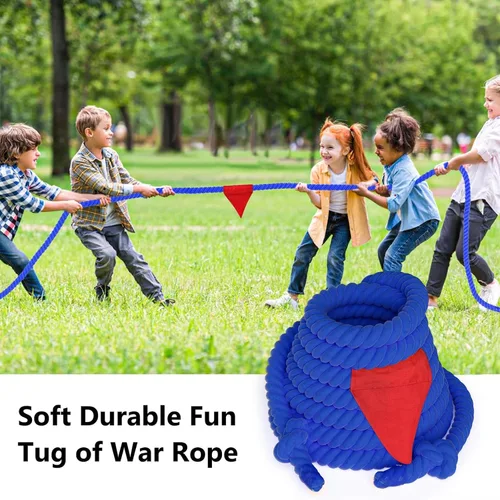 Vista 4 de Cuerda de guerra de tira y afloja para niños y adultos, cuerda de guerra con etiqueta de 25 pies con bandera para exteriores, carnaval exterior, Azul