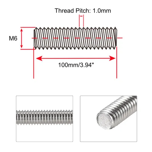 Vista 2 de Varilla y pernos totalmente roscados M6 x 3.937 in, varillas de rosca derecha de acero inoxidable 304, paso de rosca M6-1 para pernos de anclaje