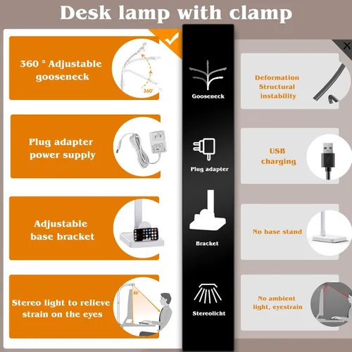 Vista 5 de AKRRYR Lámpara de escritorio LED para el hogar y la oficina, lámpara de 24 W brillante y para el cuidado de los ojos con base, luz de trabajo
