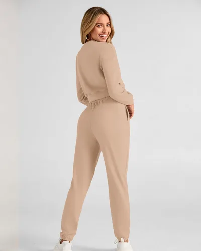 Vista 72 de BTFBM Conjunto deportivo de 2 piezas para mujer, camiseta corta de manga larga, sin botones, pantalón con cordón ajustable, pantalones deportivos