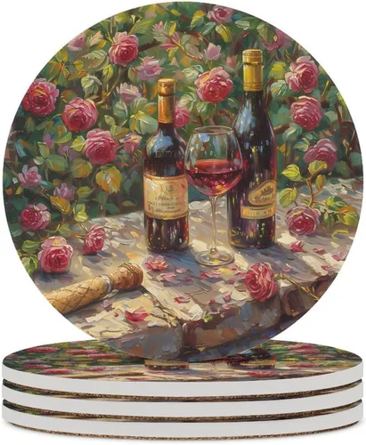 Vista 29 de 4 posavasos de vino tinto, cuadrados y modernos posavasos absorbentes de cerámica, estilo de pintura al óleo, vintage, vino tinto, uvas, rosa